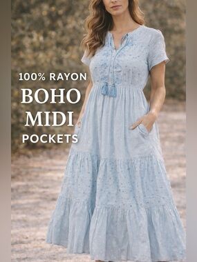 Kate & Sam Blue Midi Dress Women Boho Tiered Embroidered Tassel Pockets